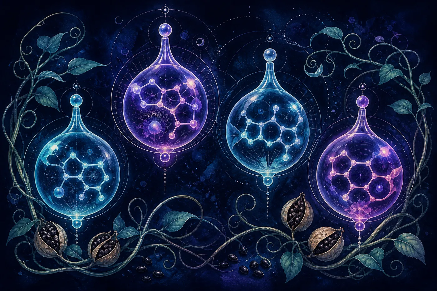 Four luminous glass forms with related molecular motifs among caapi vines and harmala seed pods