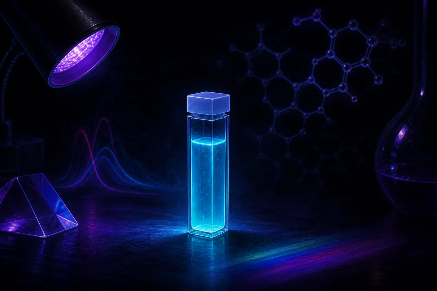 A sealed laboratory cuvette glowing blue-cyan beneath an ultraviolet lamp in a dark laboratory