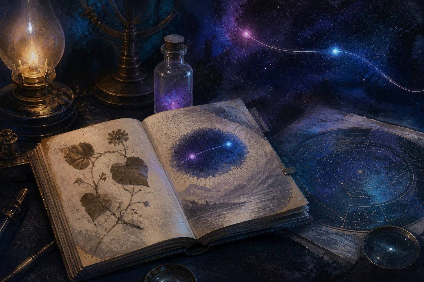 An imagined archival desk with a vine specimen, glass vial, star chart, and two points joined by light